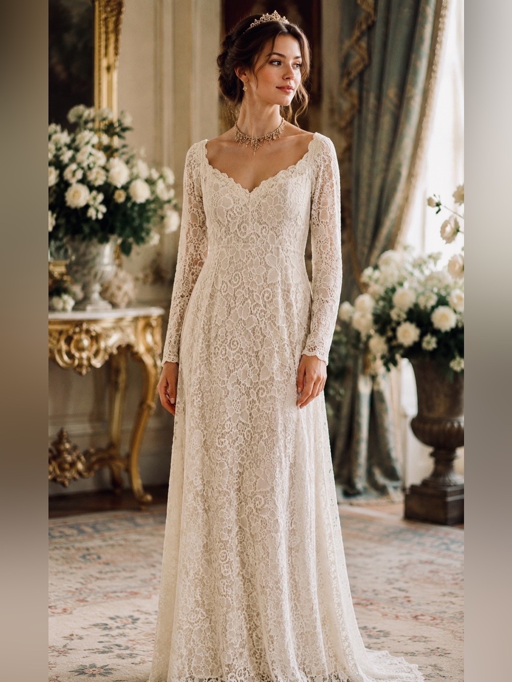 Maniju Cream Lace Romantic Vintage Inspired Empire Waist Long-Sleeve Maxi Dress